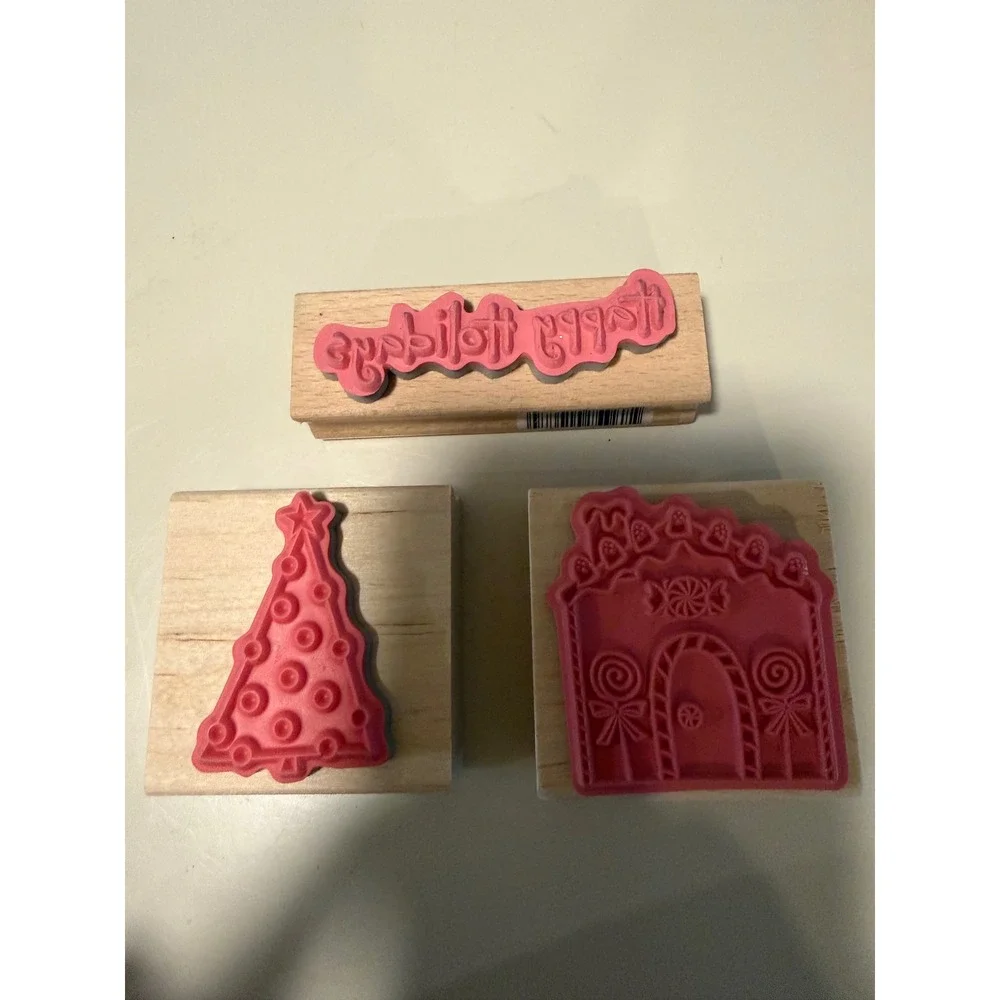 Hampton Art Christmas Wood Mounted Rubber Stamps Gingerbread Tree Happy Holidays
